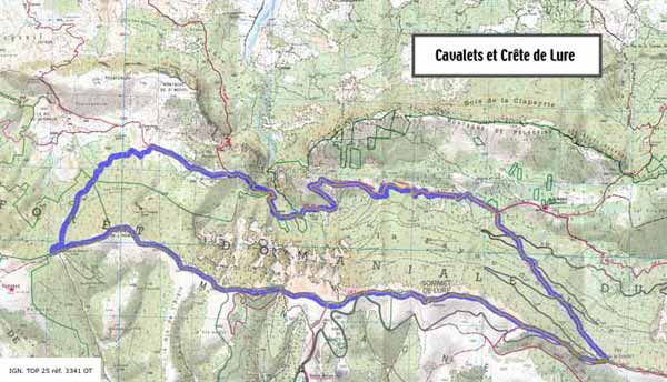Carte de la randonnée Cavalets et Crête de Lure.