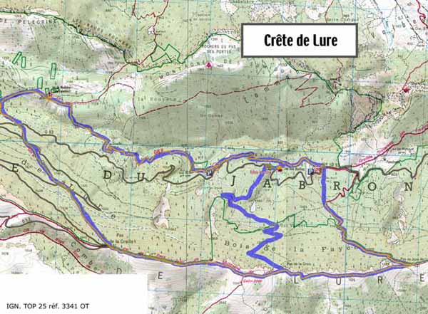 Carte de la randonnée Crête de Lure.