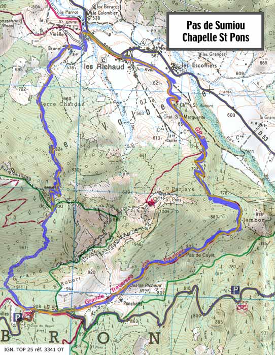 Carte de la randonnée Pas de Sumiou - Chapelle Saint Pons.